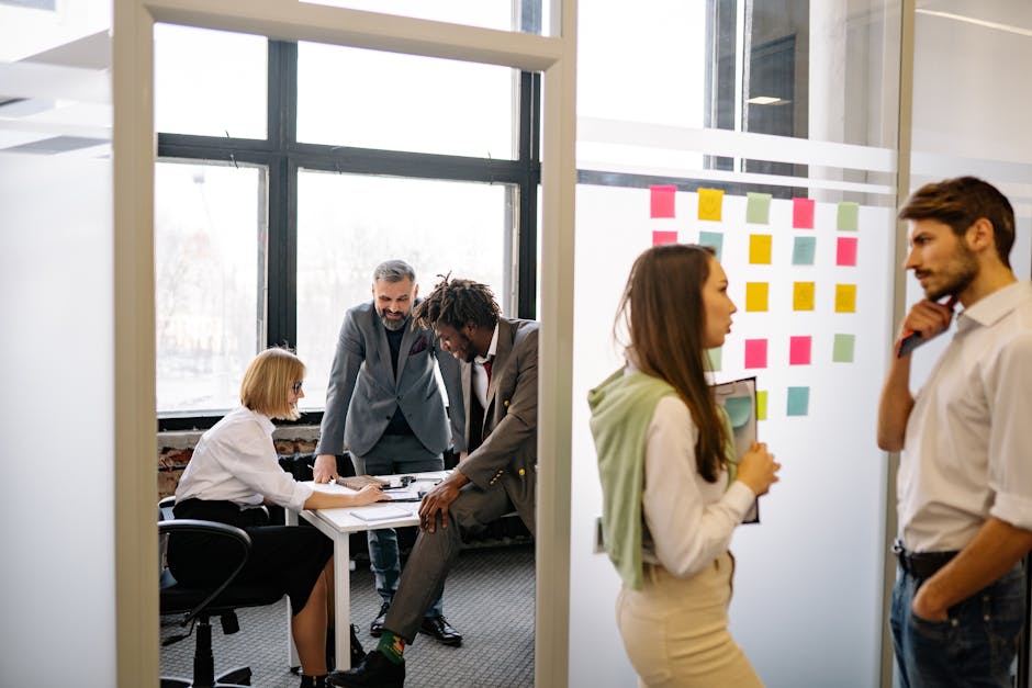 Diverse team collaborating in a modern office